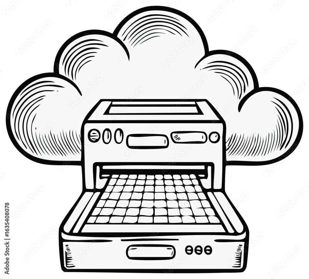 Poster cloud computing print job illustration of printing machine connecting to data storage