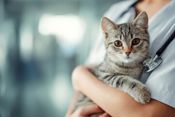 Cropped image of veterinarian doctor with stethoscope holding cute pet cat in her arms.
