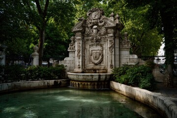 Fototapeta premium Ornate stone fountain in city park, tranquil scene