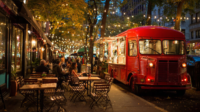 Vibrant red vintage bus food truck parked on a charming european street at night - Powered by Adobe