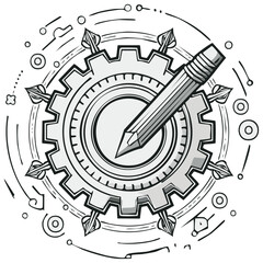 Fototapeta premium Conceptual Drawing of Pencil on Mechanical Gear with Creative Elements and Shapes
