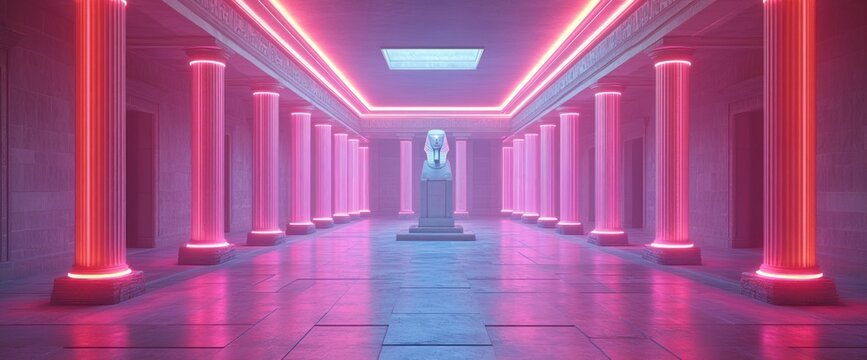 Pink neon lights illuminate a classical hallway with a statue