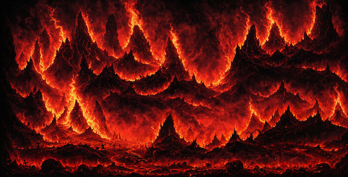 abstract hellscape with fiery lava mountains