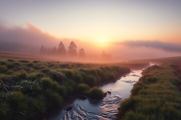 Misty sunrise over a winding river and grassy meadow with silhouetted trees