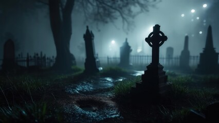 Haunting Celtic Cross in a Misty Graveyard at Night with Eerie Distant Lights