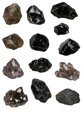 Collection of Sparkling Crystals Minerals and Gems on Transparent Black Background