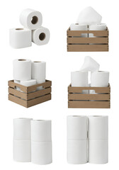 Collection of Toilet Paper Rolls in Wooden Crates on Transparent Background