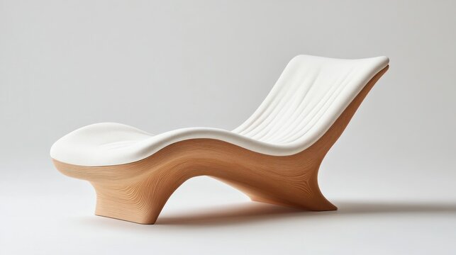 Sculpted wooden frame chaise lounge with a soft, pleated off-white cushion
