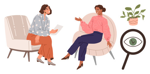 Two women talking during a counseling session in armchairs, emphasizing communication, analysis, understanding. Ideal for therapy, coaching, teamwork, insight, mental health personal growth