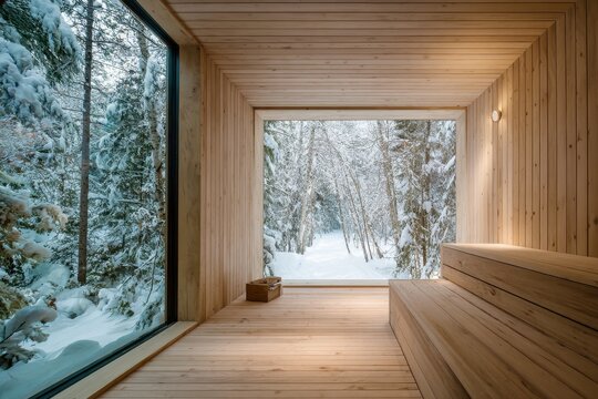 Wooden sauna interior, snowy forest view, winter relaxation - Powered by Adobe