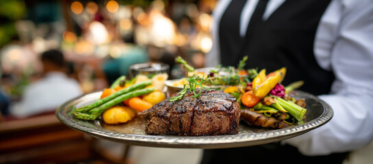 Waiter presents gourmet steak dinner with fresh vegetables on a platter