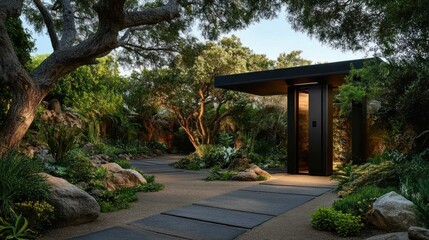 Serene pathway leads to modern entryway nestled within lush, rock-studded landscape