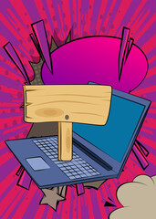 Cartoon Laptop, comic book Notebook with wood signboard. Retro vector comics pop art design.