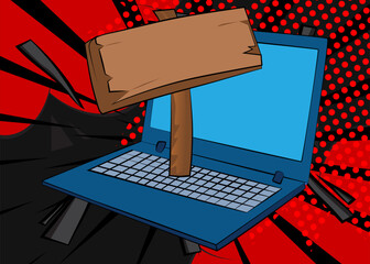 Cartoon Laptop, comic book Notebook with wood signboard. Retro vector comics pop art design.
