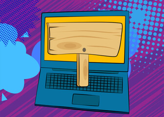 Cartoon Laptop, comic book Notebook with wood signboard. Retro vector comics pop art design.