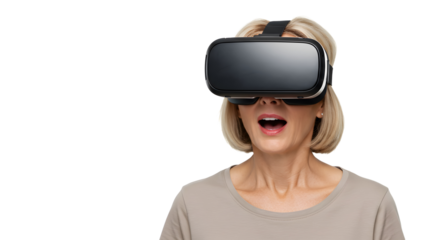 Astonished woman immerses herself in virtual reality