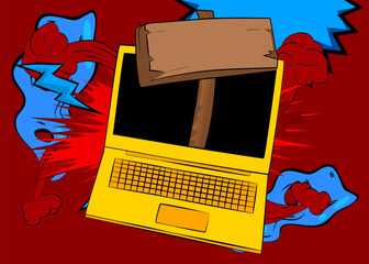 Cartoon Laptop, comic book Notebook with wood signboard. Retro vector comics pop art design.