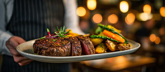 Chef presenting a perfectly cooked steak with roasted vegetables