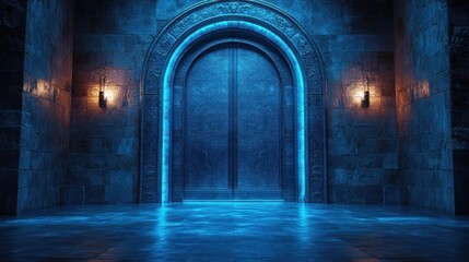 Fototapeta premium Glowing blue archway entrance to a dark, stone-walled room. Mysterious and fantasy-like