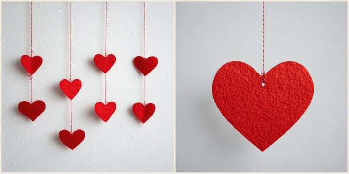 Red hearts hanging from strings on a white background - Powered by Adobe
