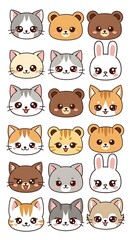 Charming collection of whimsical animal faces featuring cats bears and rabbits arranged neatly