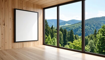 Modern Wooden Interior with Blank Poster and Mountain View Window.