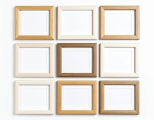 Nine Square Picture Frames Wood Tones Clean White Background Minimalist Design.