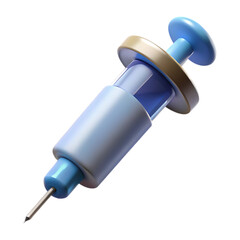 Close up of a medical syringe with a blue plunger and needle against a black background
