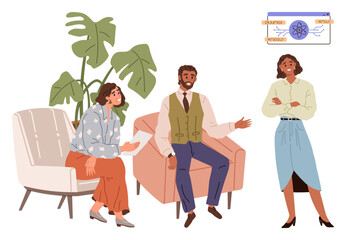 Three colleagues engage in a discussion, one presenting data on a board while sitting amidst modern furniture and plants. Ideal for teamwork, brainstorming, workplace culture, leadership