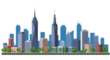 Urban skyline with tall buildings and towers