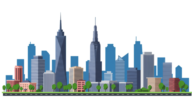 Urban skyline with tall buildings and towers