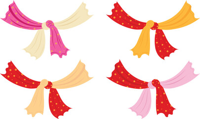 Indian wedding gathbandhan knot set, traditional shubh vivaah cloth knot tied during Hindu marriage rituals, colorful vector illustration with red, pink, cream, yellow fabrics for wedding invitation