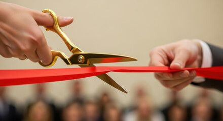 Closeup hand with golden scissors cutting red ribbon at official opening ceremony, people blurred in background attend important business event or celebration