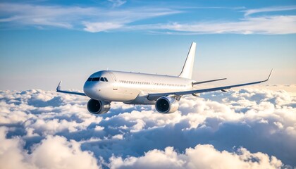 Obraz premium White airplane soaring above fluffy clouds