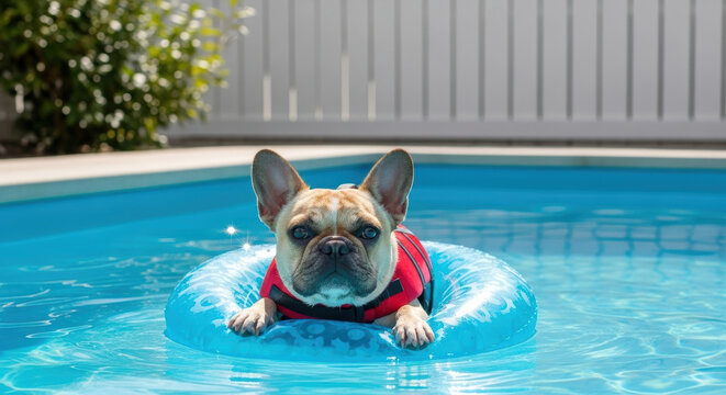 Adorable french bulldog in red vest relaxes on blue inflatable ring floating in backyard swimming pool on sunny summer day, enjoying refreshing water and calm atmosphere