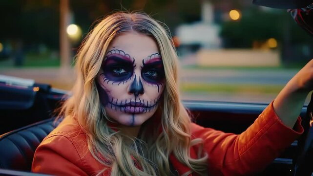 A stylish woman with vibrant, traditional skull makeup confidently drives a classic convertible at twilight, embodying a modern cultural celebration.