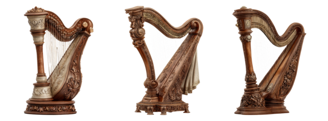 Elegant Antique Harp Set on Transparent Background for Art Projects