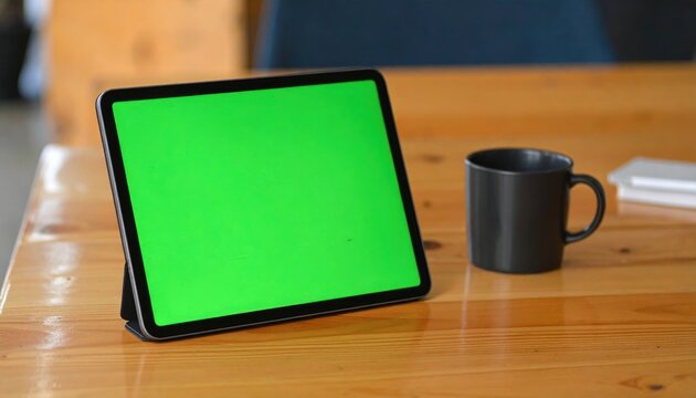 Tablet with green screen on wooden table
