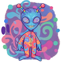 Colorful Psychedelic Alien Illustration With Swirls, Isolated Background, Cartoon Style