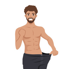 Fototapeta premium Happy Man Showing Weight Loss Progress. Flat Vector character illustration