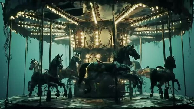 An eerie cinematic view of a decaying, overgrown carousel with illuminated lights, spinning slowly in a dark, post-apocalyptic forgotten world.