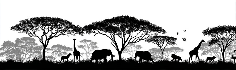 Vector art of african savanna silhouette with animals isolated on white background