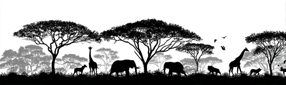 Fototapeta Vector art of african savanna silhouette with animals isolated on white background