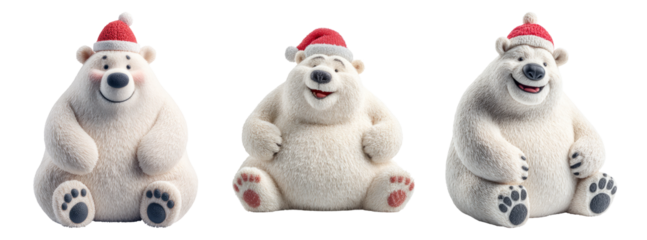 Three Cheerful Cartoon Polar Bears with Santa Hats on White Background