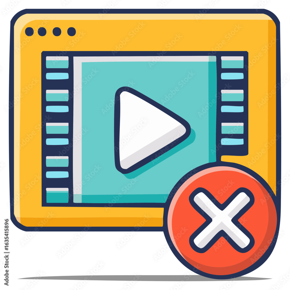 Poster multimedia interface icon with a video player and an x symbol, representing error or cancel.