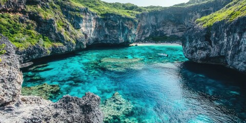 A hidden turquoise lagoon nestled between towering cliffs, with crystal-clear water