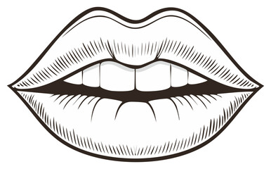 Graphic Lips with Teeth and Open Mouth Black and White Illustration