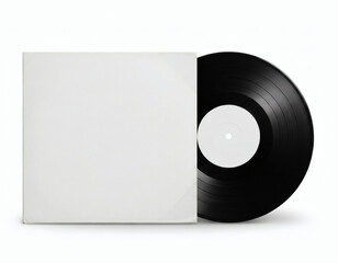 Vinyl record with cover sleeve mockup, retro LP disc on white background
