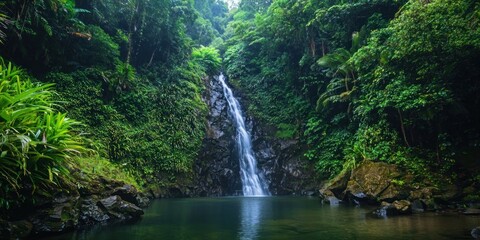 Obraz premium A hidden waterfall in a tropical jungle, surrounded by lush greenery