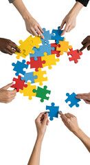 Hands assembling colorful puzzle pieces on black background teamwork photo